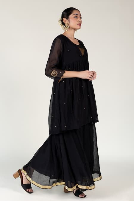 Shop Nirjara Black Silk, , Cotton, Zardozi Embroidered Peplum Kurta Set Online at Aza Fashions Shop_Nirjara_Black Silk, , Cotton, Zardozi Embroidered Peplum Kurta Set _Online_at_Aza_Fashions