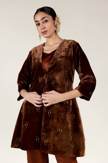 Buy Nirjara Brown Silk Embroidery V-neck Aari Velvet Jacket Online at Aza Fashions Buy_Nirjara_Brown Silk Embroidery V-neck Aari Velvet Jacket _Online_at_Aza_Fashions
