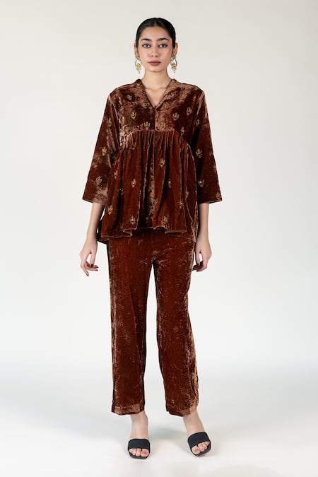 Shop Nirjara Brown Silk, Velvet Embroidery V-neck Aari Peplum Top And Pant Set at Aza Fashions Shop_Nirjara_Brown Silk, Velvet Embroidery V-neck Aari Peplum Top And Pant Set _at_Aza_Fashions