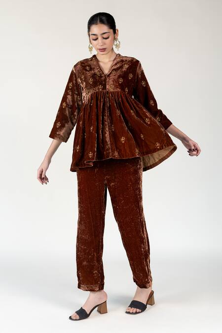 Buy Nirjara Brown Silk, Velvet Embroidery V-neck Aari Peplum Top And Pant Set Online at Aza Fashions Buy_Nirjara_Brown Silk, Velvet Embroidery V-neck Aari Peplum Top And Pant Set _Online_at_Aza_Fashions