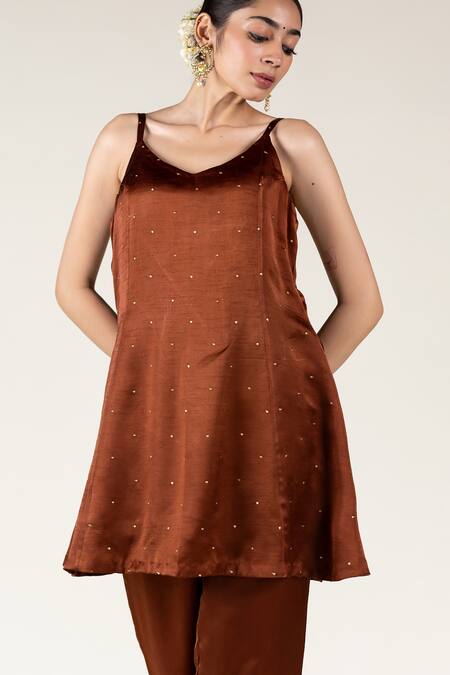 Nirjara Brown Silk Tassels Round Neck Tikki Embroidered Kurta Set Online at Aza Fashions Nirjara_Brown Silk Tassels Round Neck Tikki Embroidered Kurta Set _Online_at_Aza_Fashions