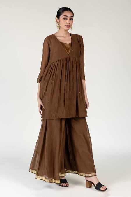 Nirjara_Brown Tissue, Cotton, Silk Zari, Embroidery Chaand Peplum Kurta Sharara Set _Online_at_Aza_Fashions