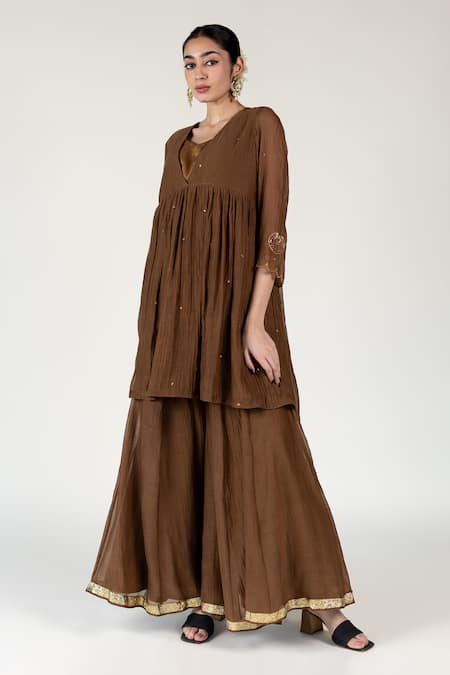 Buy_Nirjara_Brown Tissue, Cotton, Silk Zari, Embroidery Chaand Peplum Kurta Sharara Set _Online_at_Aza_Fashions