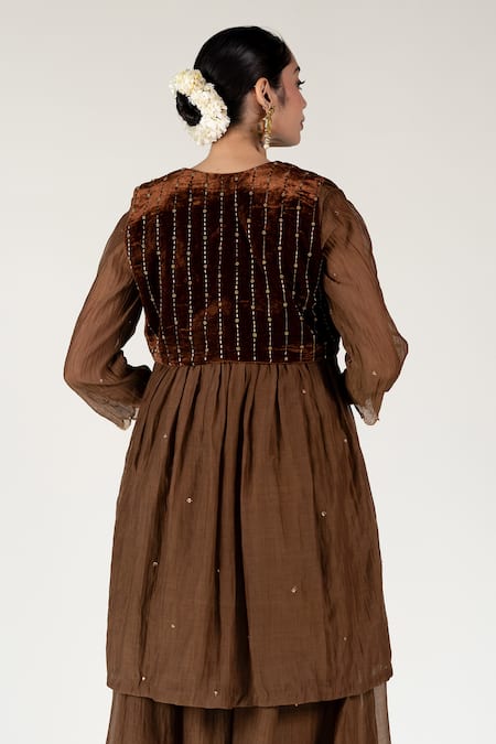 Nirjara Flower Beaded Brown Silk Velvet Koti 