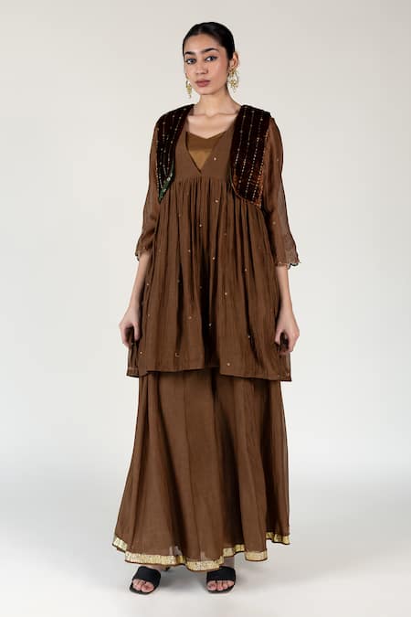 Nirjara_Brown Silk, Velvet Beads, Embroidery Flower Beaded Koti _Online_at_Aza_Fashions