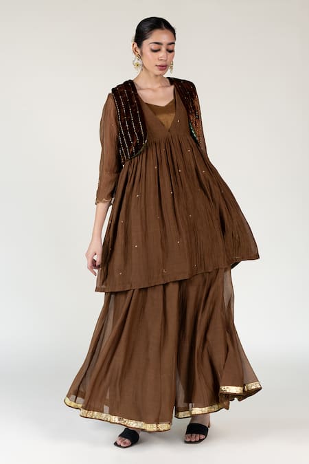 Buy_Nirjara_Brown Silk, Velvet Beads, Embroidery Flower Beaded Koti _Online_at_Aza_Fashions
