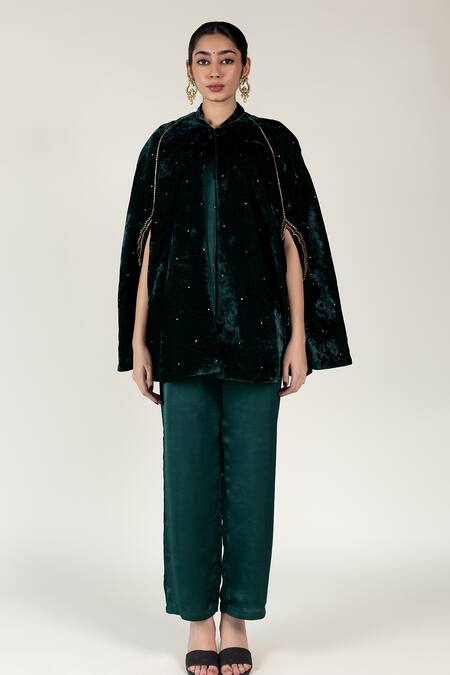 Nirjara_Green Emerald Aari Embroidered Cape _Online_at_Aza_Fashions