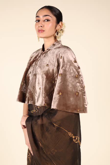 Nirjara Brown Copper Flower Embroidered Cape Online at Aza Fashions Nirjara_Brown Copper Flower Embroidered Cape _Online_at_Aza_Fashions