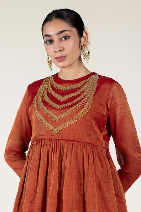 Nirjara_Red Chanderi Silk, Tissue Embroidery Collared Marodi Peplum Top And Pant Set _Online_at_Aza_Fashions