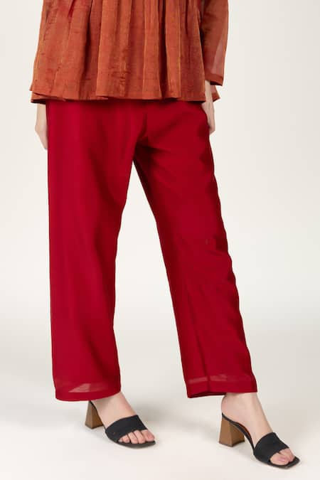 Buy_Nirjara_Red Chanderi Silk, Tissue Embroidery Collared Marodi Peplum Top And Pant Set _Online_at_Aza_Fashions