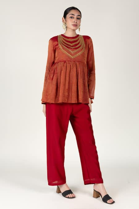 Nirjara Marodi Embroidered Peplum Top & Pant Set 