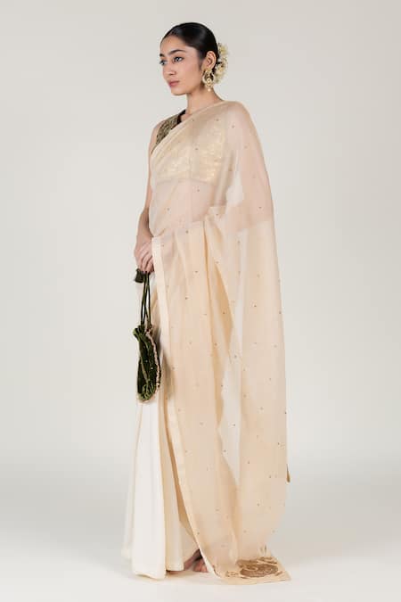 Nirjara_Ivory Tissue, Silk, Cotton, Lace Embroidery, Zari, Sequins Chaand Saree Set _Online_at_Aza_Fashions