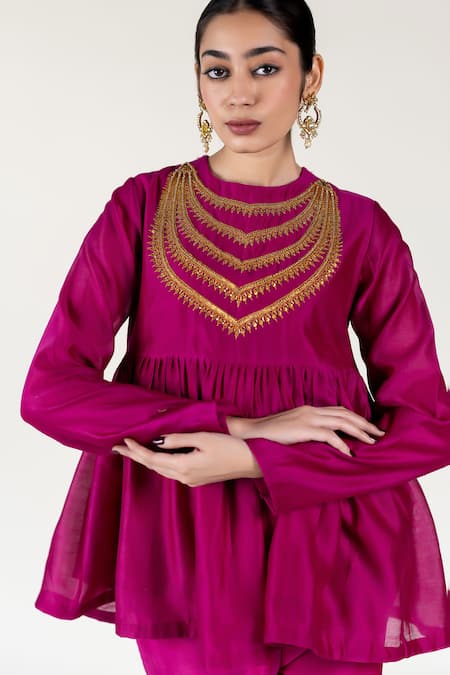 Nirjara_Pink Chanderi Silk Embroidery Round Neck Marodi Peplum Top And Pant Set _Online_at_Aza_Fashions