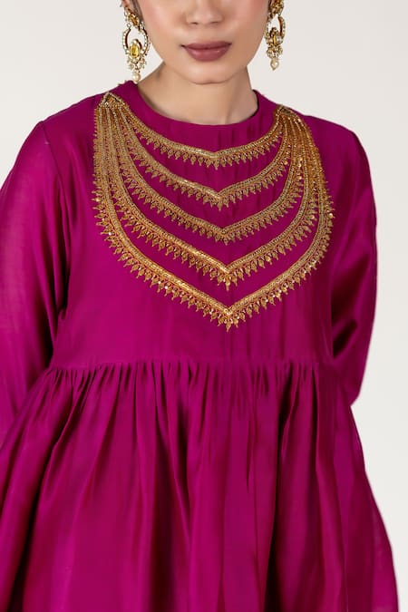 Buy_Nirjara_Pink Chanderi Silk Embroidery Round Neck Marodi Peplum Top And Pant Set _Online_at_Aza_Fashions