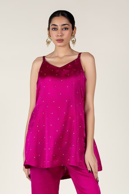 Shop_Nirjara_Pink Silk Sweetheart Neck Panelled Kurta Set With Tikki Embroidery _Online_at_Aza_Fashions