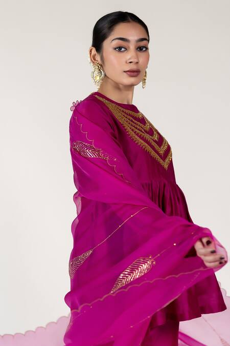 Shop_Nirjara_Pink Silk Organza Embroidery Magenta Dupatta _Online_at_Aza_Fashions