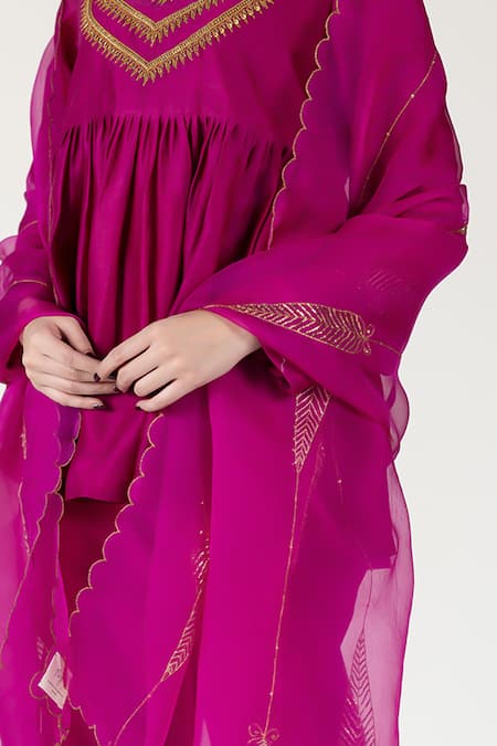 Nirjara_Pink Silk Organza Embroidery Magenta Dupatta _at_Aza_Fashions