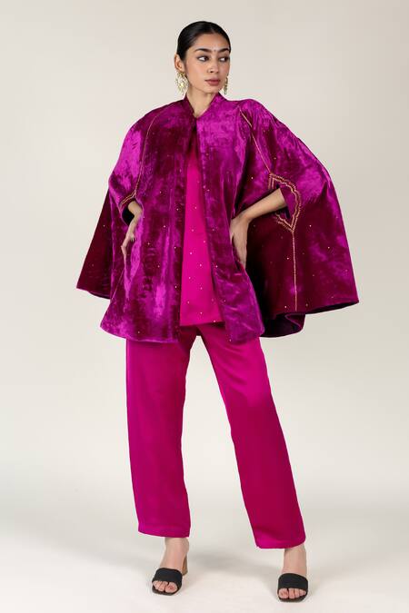 Nirjara_Pink Aari Embroidered Silk Velvet Cape _Online_at_Aza_Fashions