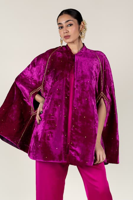 Buy_Nirjara_Pink Aari Embroidered Silk Velvet Cape _Online_at_Aza_Fashions