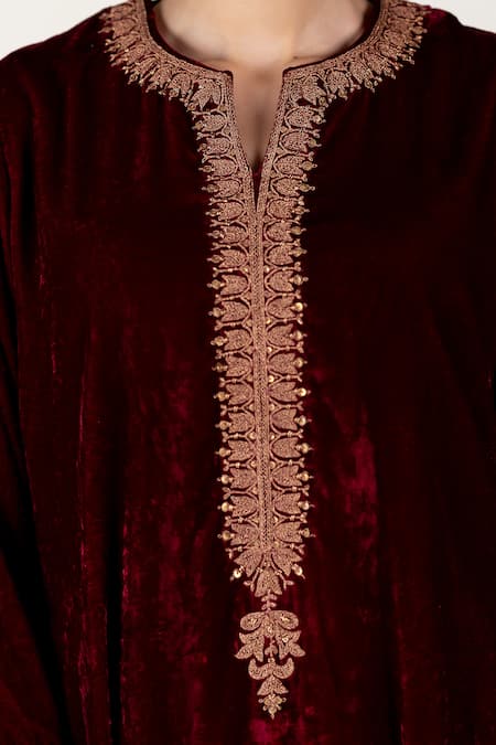 Buy Nirjara Maroon Silk Embroidery Collared Marodi Velvet Kurta Set Buy_Nirjara_Maroon Silk Embroidery Collared Marodi Velvet Kurta Set