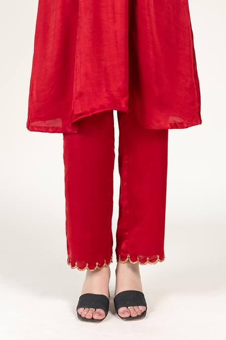 Nirjara_Maroon Silk Sequins, Zari Round Neck Zardozi Embroidered Choga Kurta Set _Online_at_Aza_Fashions