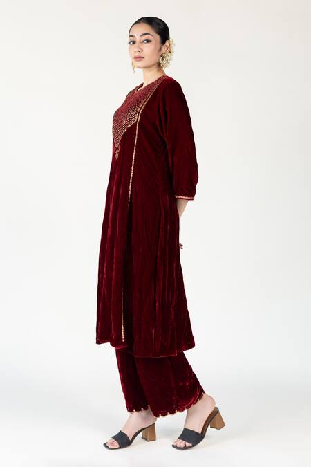 Buy Nirjara Maroon Silk, Velvet Embroidery, Zari Round Neck Zardozi Kurta Set Online at Aza Fashions Buy_Nirjara_Maroon Silk, Velvet Embroidery, Zari Round Neck Zardozi Kurta Set _Online_at_Aza_Fashions