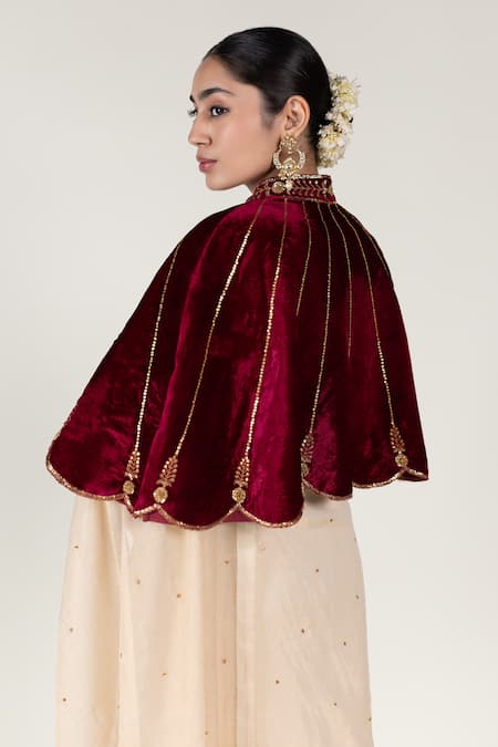 Shop Nirjara Maroon Anaar Motif Embroidered Cape Online at Aza Fashions Shop_Nirjara_Maroon Anaar Motif Embroidered Cape _Online_at_Aza_Fashions