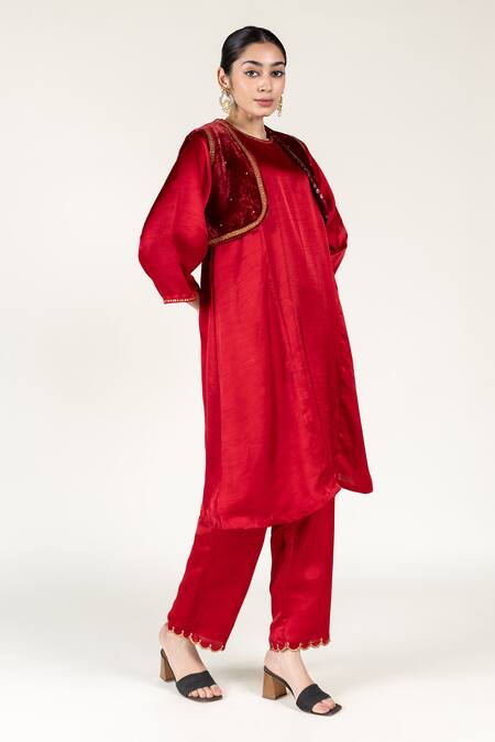 Buy_Nirjara_Maroon Silk, Velvet Embroidery Open Neck Aari Koti _Online_at_Aza_Fashions