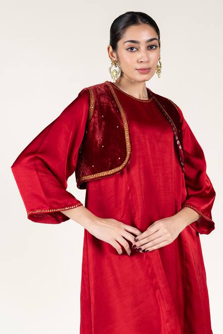 Shop_Nirjara_Maroon Silk, Velvet Embroidery Open Neck Aari Koti _Online_at_Aza_Fashions