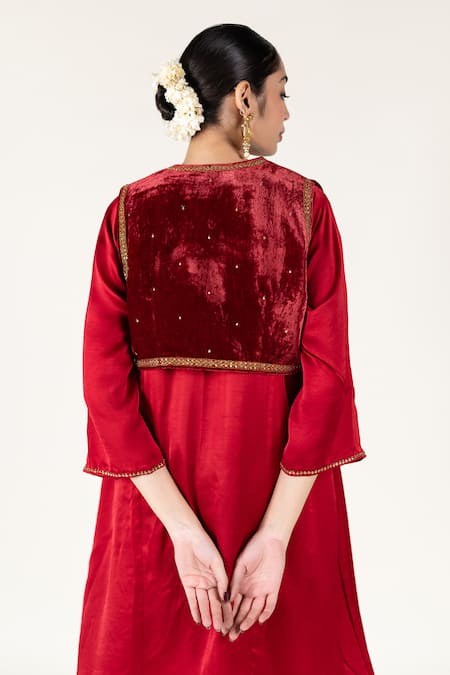 Shop_Nirjara_Maroon Silk, Velvet Embroidery Open Neck Aari Koti _at_Aza_Fashions