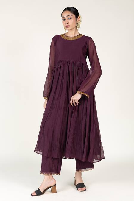 Nirjara_Purple Cotton, Chanderi Sequins, Zari Kangri Embroidered Anarkali And Pant Set _Online_at_Aza_Fashions