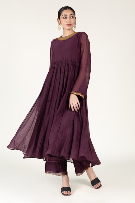 Buy_Nirjara_Purple Cotton, Chanderi Sequins, Zari Kangri Embroidered Anarkali And Pant Set _Online_at_Aza_Fashions