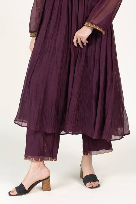 Shop_Nirjara_Purple Cotton, Chanderi Sequins, Zari Kangri Embroidered Anarkali And Pant Set _Online_at_Aza_Fashions