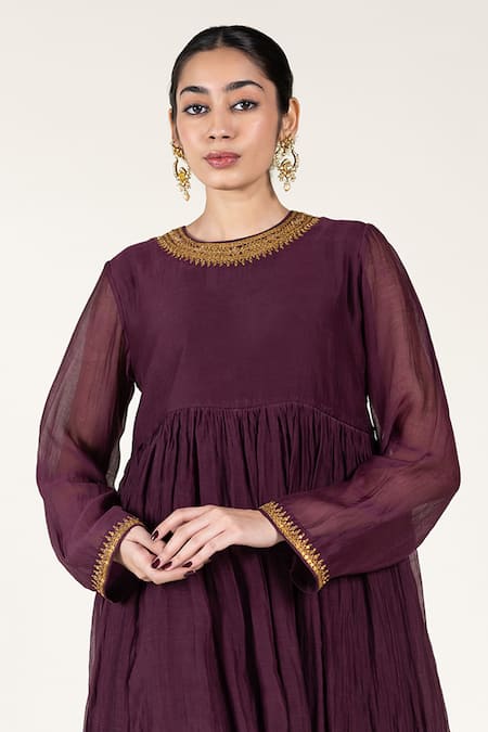 Nirjara_Purple Cotton, Chanderi Sequins, Zari Kangri Embroidered Anarkali And Pant Set _at_Aza_Fashions