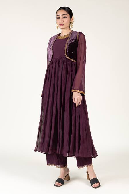 Buy_Nirjara_Purple Silk Embroidery Open Neck Plum Aari Short Koti _Online_at_Aza_Fashions