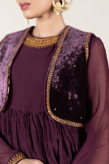 Shop_Nirjara_Purple Silk Embroidery Open Neck Plum Aari Short Koti _Online_at_Aza_Fashions