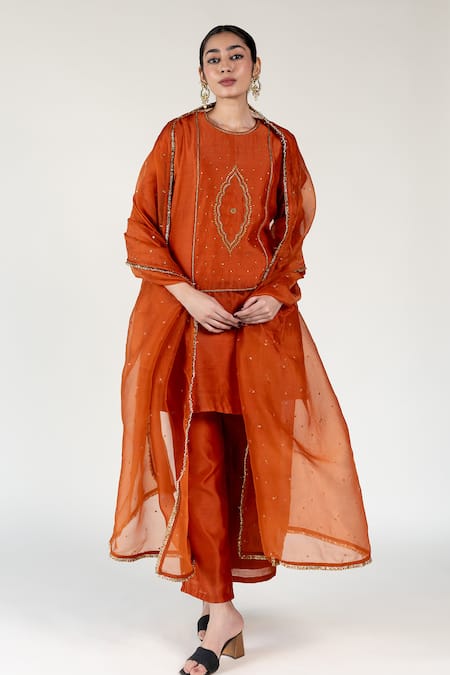 Nirjara_Orange Silk Organza Embroidery Kiran Lace Dupatta _Online_at_Aza_Fashions