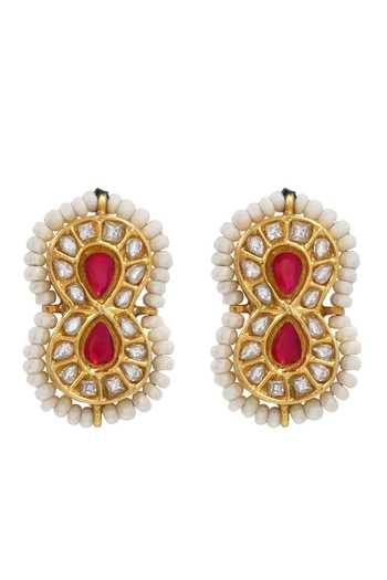 Shop Sangeeta Boochra Pink Stones, Zari Kundan Embellished Earrings at Aza Fashions Shop_Sangeeta Boochra_Pink Stones, Zari Kundan Embellished Earrings _at_Aza_Fashions