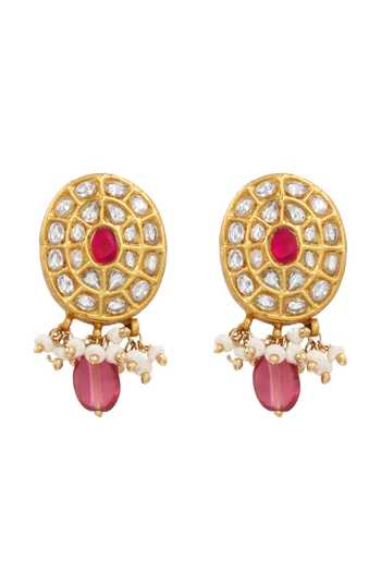 Shop Sangeeta Boochra Pink Stones, Zari Grace Kundan Drop Earrings at Aza Fashions Shop_Sangeeta Boochra_Pink Stones, Zari Grace Kundan Drop Earrings _at_Aza_Fashions