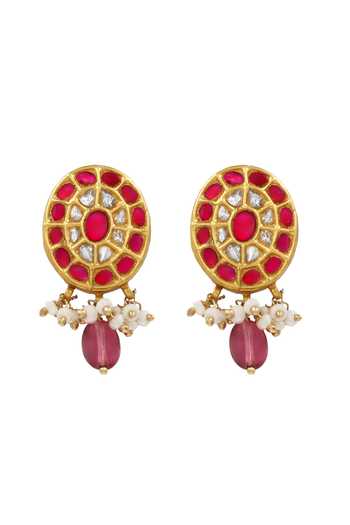 Shop Sangeeta Boochra Pink Stones Kundan Embellished Earrings at Aza Fashions Shop_Sangeeta Boochra_Pink Stones Kundan Embellished Earrings _at_Aza_Fashions