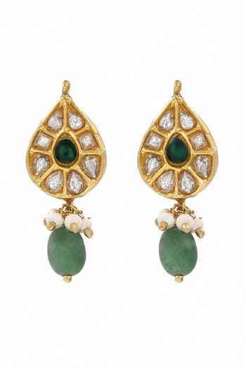 Shop Sangeeta Boochra Green Stones, Zari Kundan Drop Earrings at Aza Fashions Shop_Sangeeta Boochra_Green Stones, Zari Kundan Drop Earrings _at_Aza_Fashions