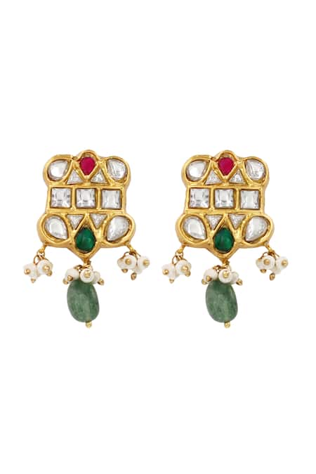 Sangeeta Boochra_Multi Color Stones, Zari Gold Plated Kundan Earrings _Online_at_Aza_Fashions