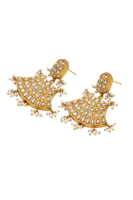 Shop Sangeeta Boochra Gold Plated Beads, Zari Kundan Beaded Dangler Earrings at Aza Fashions Shop_Sangeeta Boochra_Gold Plated Beads, Zari Kundan Beaded Dangler Earrings _at_Aza_Fashions