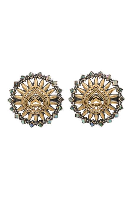 Sangeeta Boochra_Multi Color Zari Gold Tone Kundan Stud Earrings _Online_at_Aza_Fashions