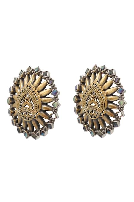 Buy_Sangeeta Boochra_Multi Color Zari Gold Tone Kundan Stud Earrings _Online_at_Aza_Fashions