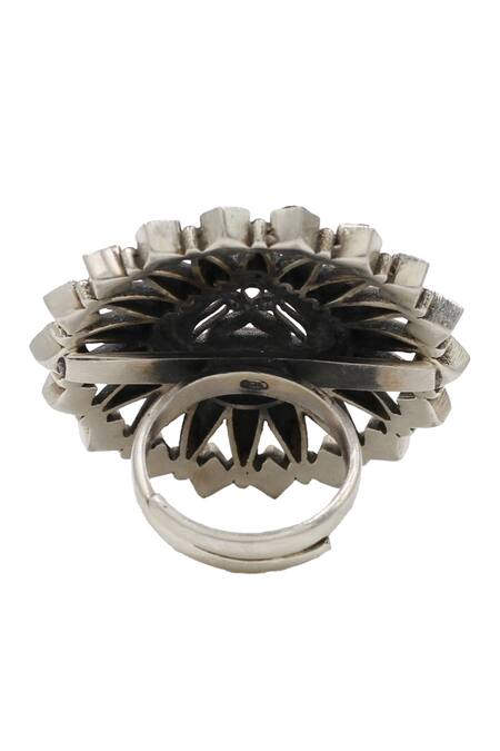 Sangeeta Boochra_Black Stones Kundan Floral Cutwork Adjustable Ring _Online_at_Aza_Fashions