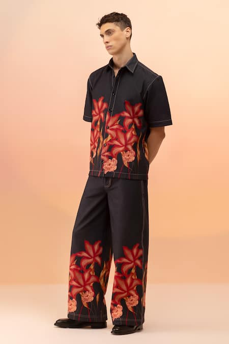 Therealb_Black Cotton Flaming Bloom Print Shirt And Wide Legged Pant _Online_at_Aza_Fashions