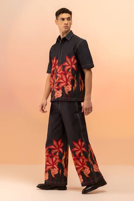 Buy_Therealb_Black Cotton Flaming Bloom Print Shirt And Wide Legged Pant _Online_at_Aza_Fashions