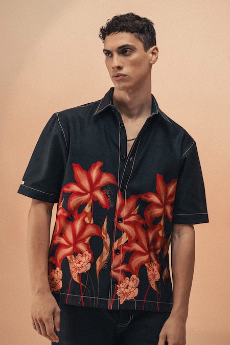 Shop_Therealb_Black Cotton Flaming Bloom Print Shirt And Wide Legged Pant _Online_at_Aza_Fashions