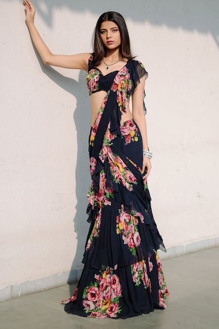 Buy Foram Patel Blue Georgette Embroidery, Ruffles High Neck Floral Print Pre-draped Saree Set Online at Aza Fashions Buy_Foram Patel_Blue Georgette Embroidery, Ruffles High Neck Floral Print Pre-draped Saree Set_Online_at_Aza_Fashions